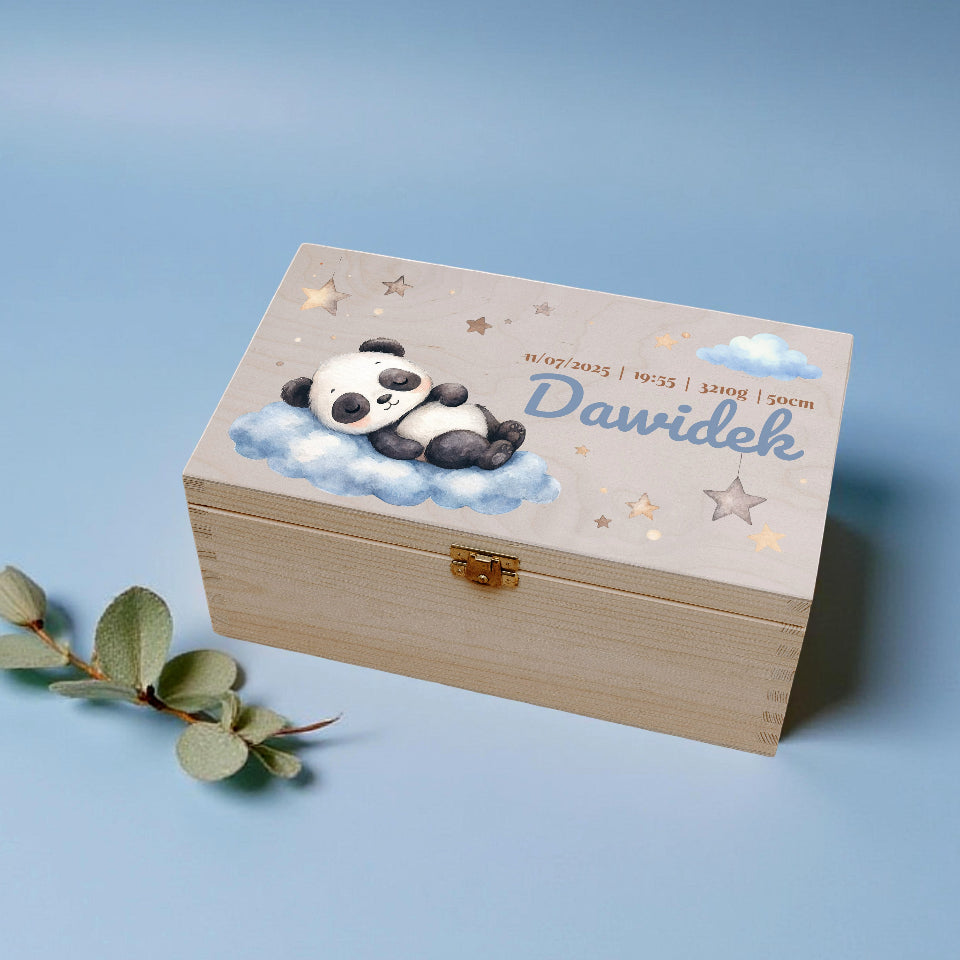 Wooden box with panda design and text on a blue background