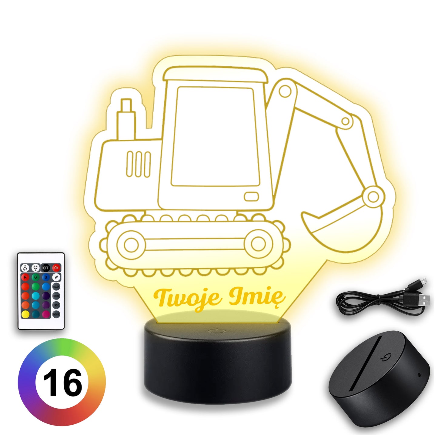 Lampka LED 3D Koparka z Imieniem