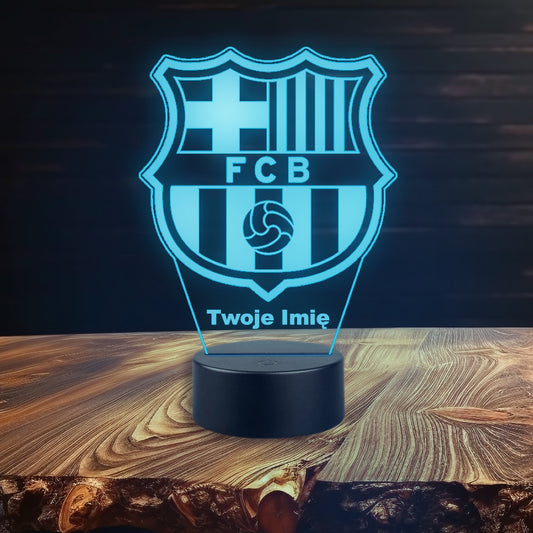 3D LED lamp of Barcelona FC crest, multicolour night light powered by USB or batteries, includes a controller for settings.