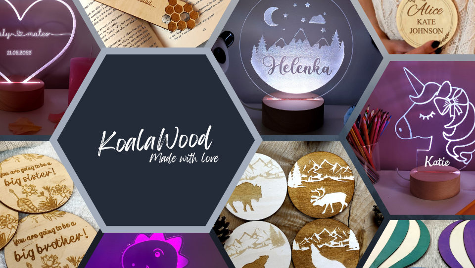 Collage of personalized wooden products with 'KoalaWood' branding.