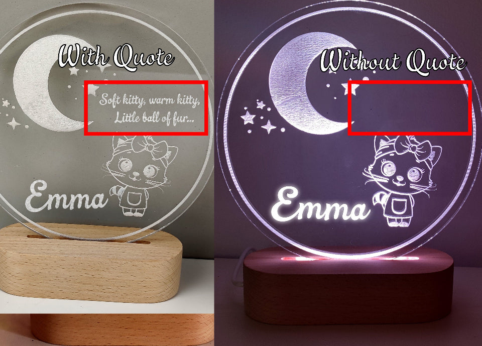 A personalized LED night lamp displaying the name, featuring multicolor light and powered by USB or batteries.