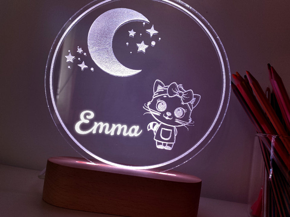 A USB or battery-powered LED night lamp with the name , offering multicolor lighting and a controller for adjustments.