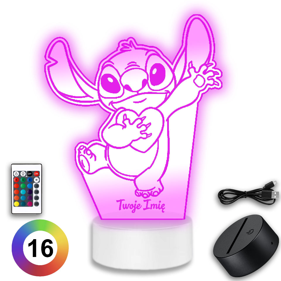A multicolored LED night lamp named Stitchy, glowing with a calming purple light, perfect for bedtime ambiance.
