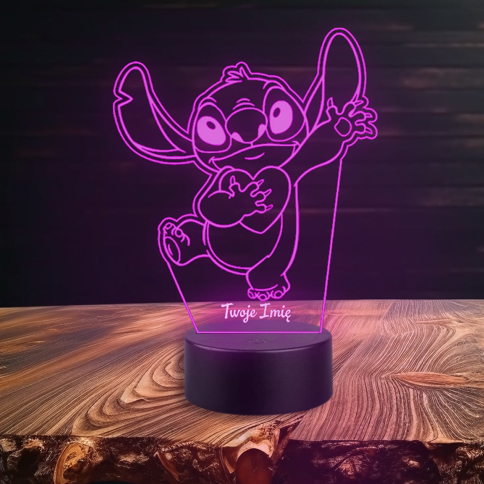 Lampa Stitchy z fioletowym światłem, o unikalnym, stworzonym z nici designie, emanująca przytulną atmosferą.