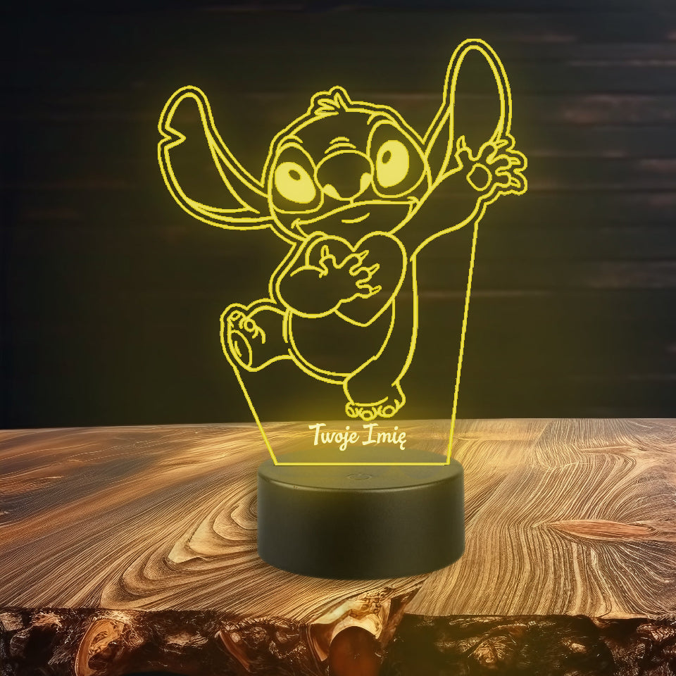 Stitchy the LED night lamp shines with a soothing purple light, adding a colorful touch to any nighttime setting.