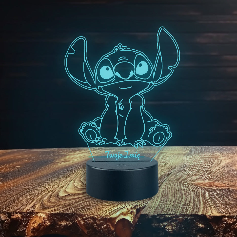 LED night lamp featuring Stitchy, with multicolour light, USB or battery powered, and includes a controller.
