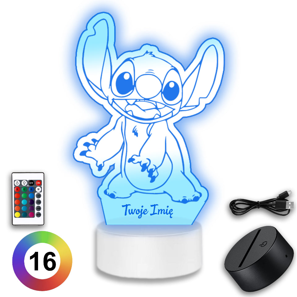 Lampka nocna LED z wizerunkiem Stitchy, z opcją zmiany kolorów, zasilana kablem lub bateriami, z pilotem.