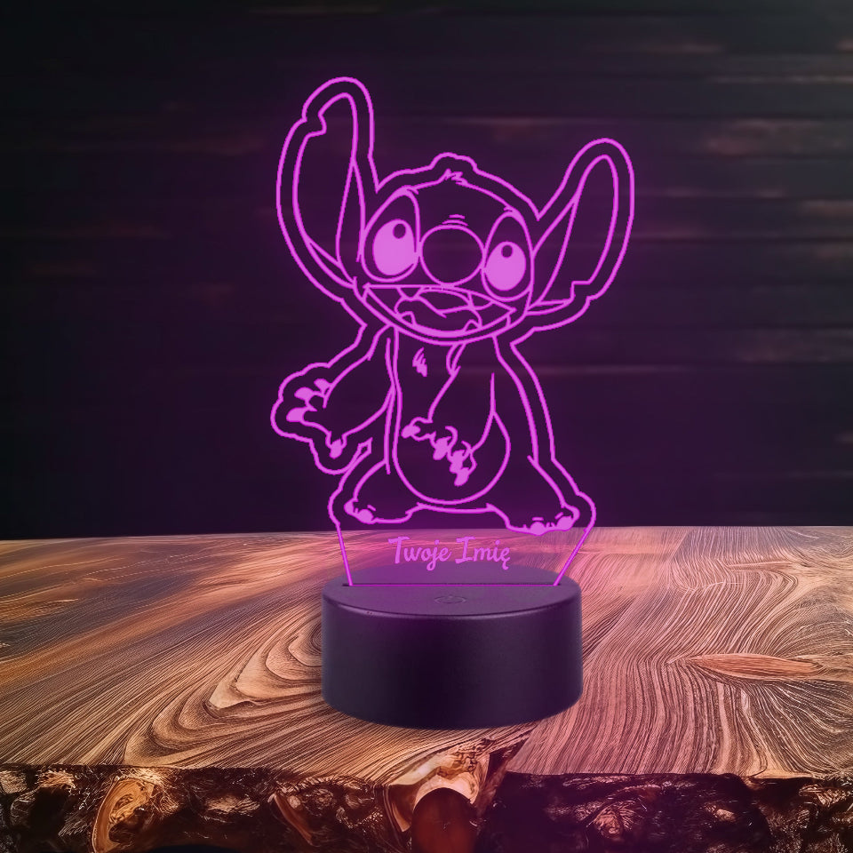 Multicolor LED night lamp with a Stitchy image, USB or battery powered, includes a controller for light settings.
