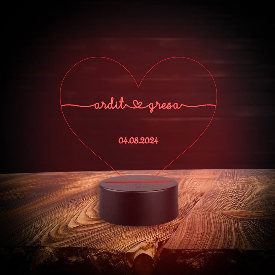 Personalised heart-shaped LED lamp with remote control, featuring multicolour light, powered by USB or batteries.