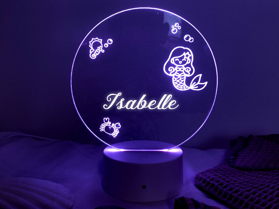 Personalised mermaid night light with multicolour LED, USB or battery powered, featuring a controller for easy use.