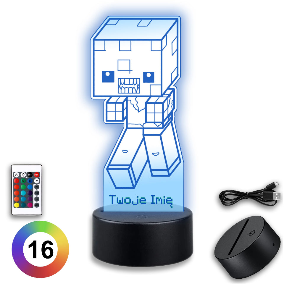 Lampa w kształcie postaci z Minecrafta z dołączonym pilotem do zdalnego sterowania.