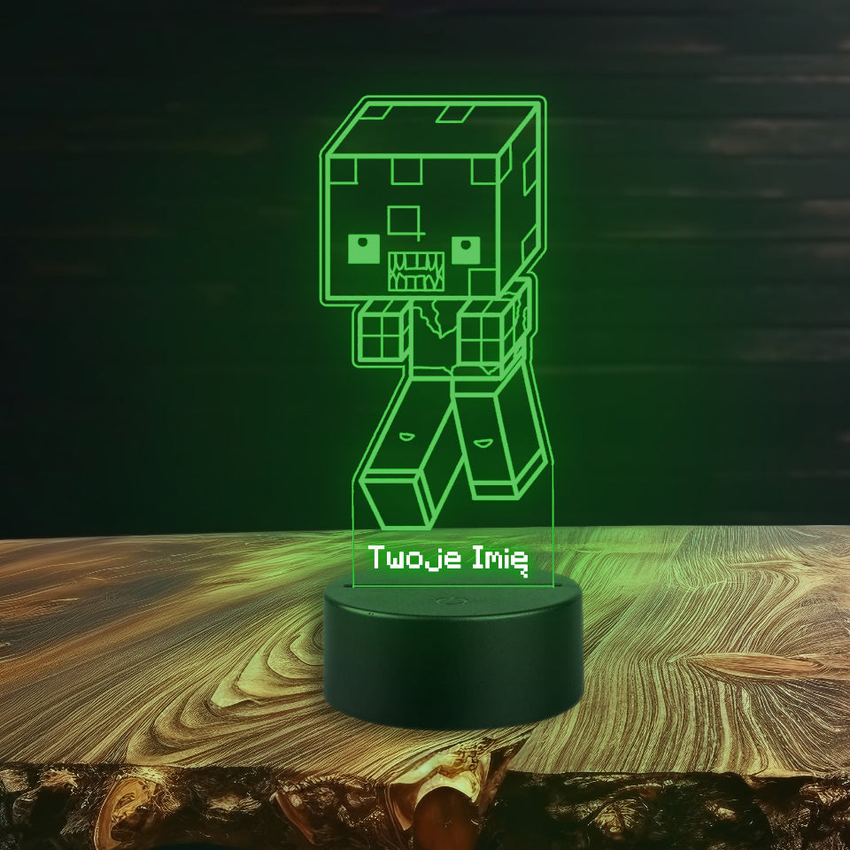 A Minecraft character lamp with a remote control, featuring a blocky design and vibrant colors, illuminating the surroundings.