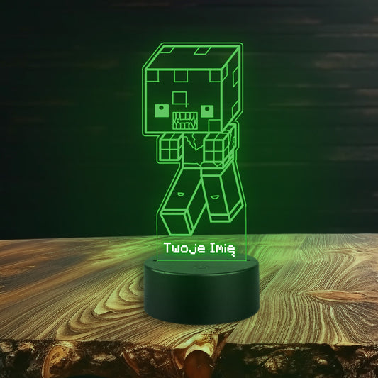 A Minecraft character lamp with a remote control, featuring a blocky design and vibrant colors, illuminating the surroundings.