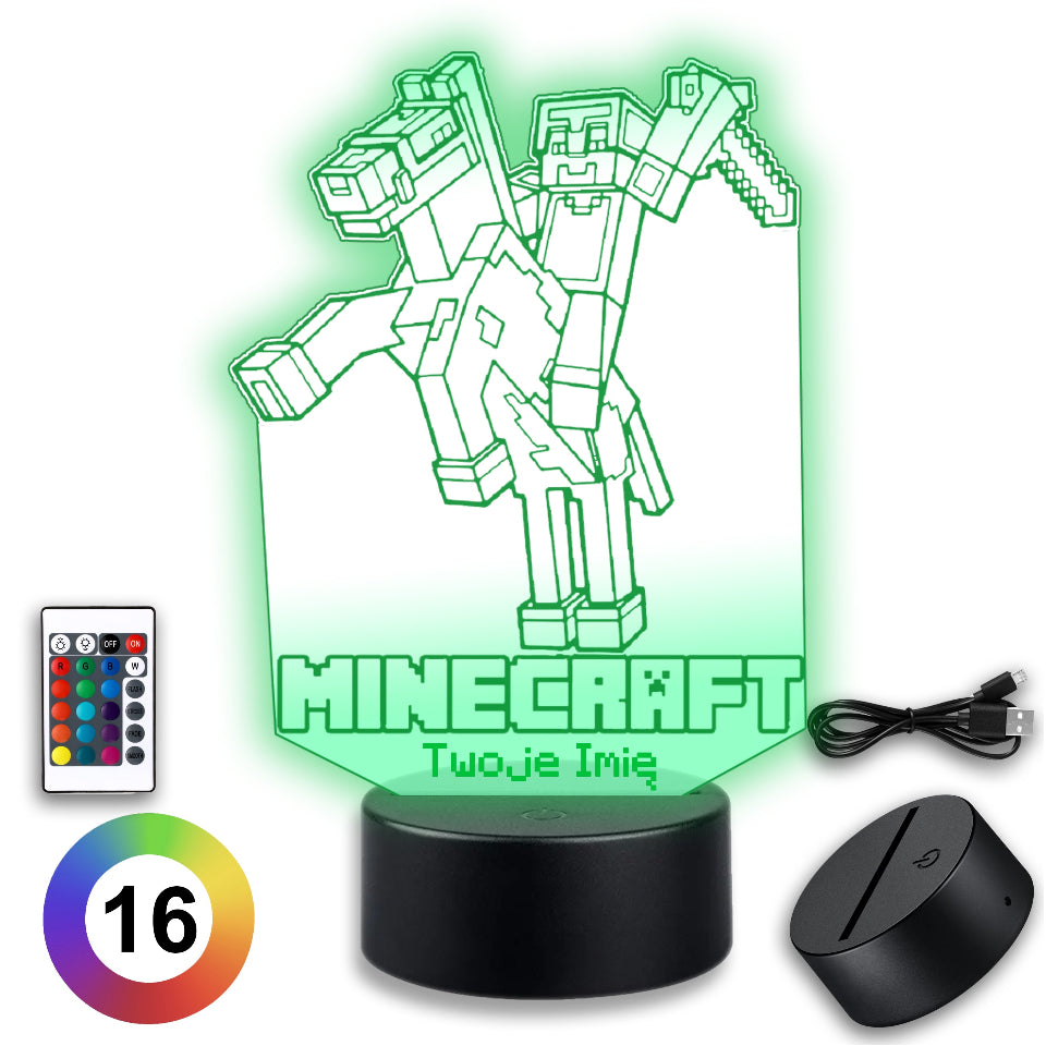 Trójwymiarowa lampa LED przedstawiająca postać z Minecraft, emitująca kolorowe światło na ciemnym tle.