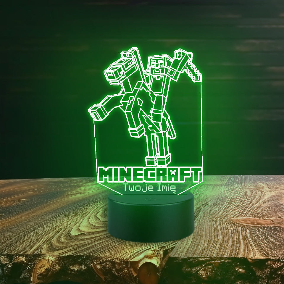 Lampa LED 3D w kształcie postaci z gry Minecraft, świecąca w różnych kolorach, umieszczona na ciemnym tle.