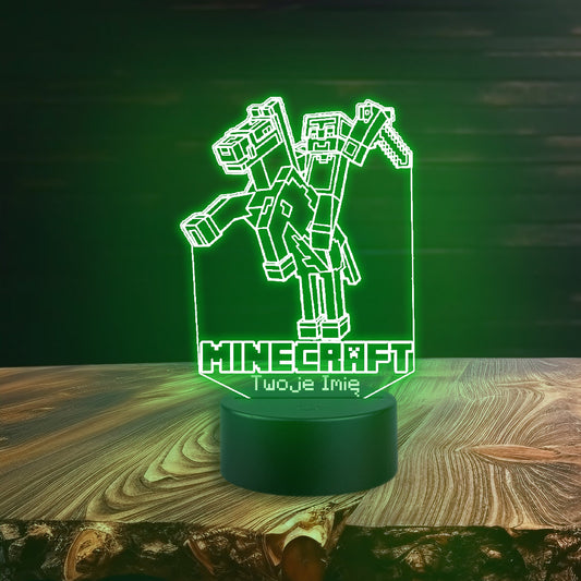 Lampa LED 3D w kształcie postaci z gry Minecraft, świecąca w różnych kolorach, umieszczona na ciemnym tle.