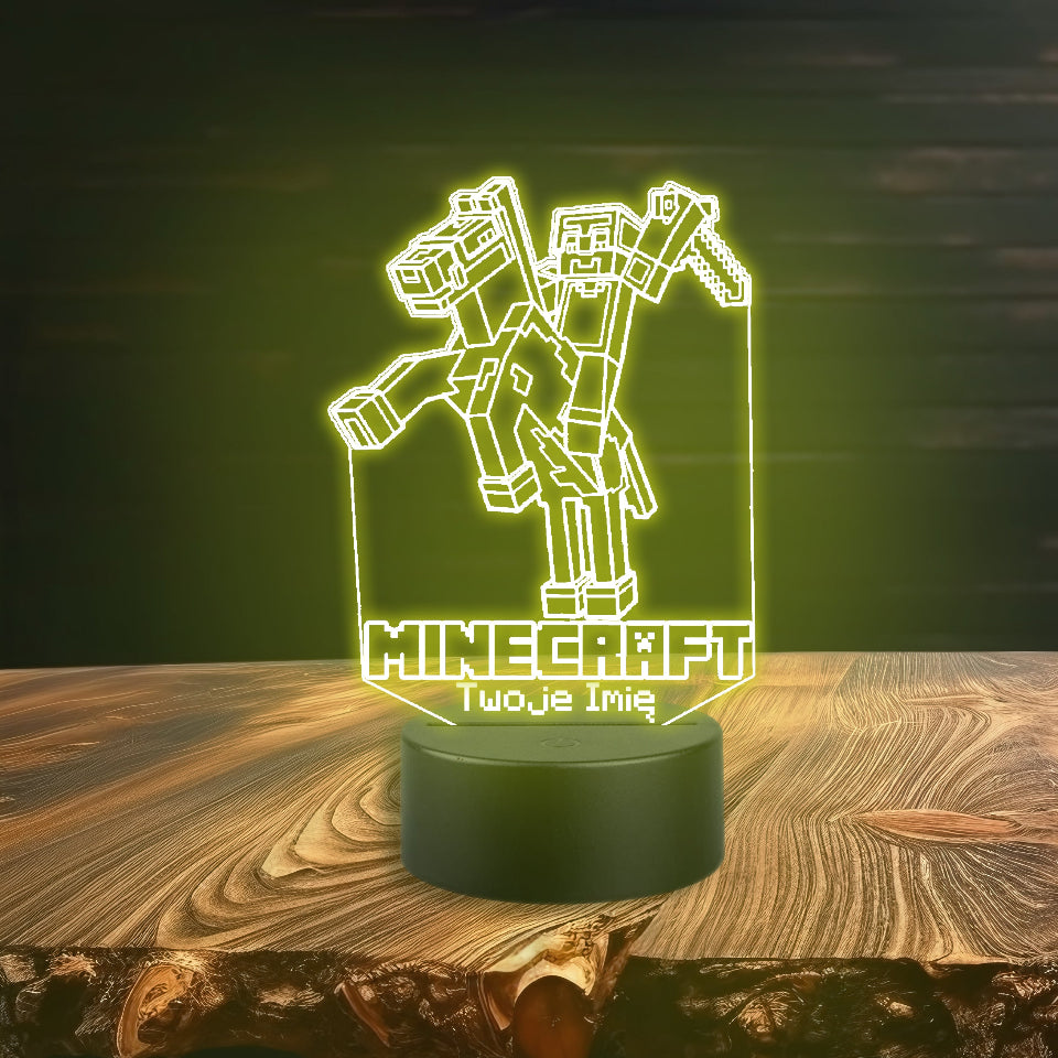 A 3D LED lamp shaped like a Minecraft character, glowing softly in a dark room, showcasing vibrant colors and pixelated design.