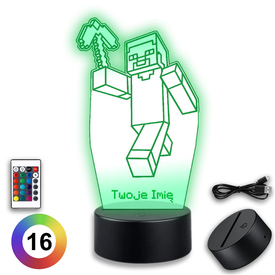 A colorful Minecraft character lamp with a remote control, designed to add a playful touch to any room's decor.