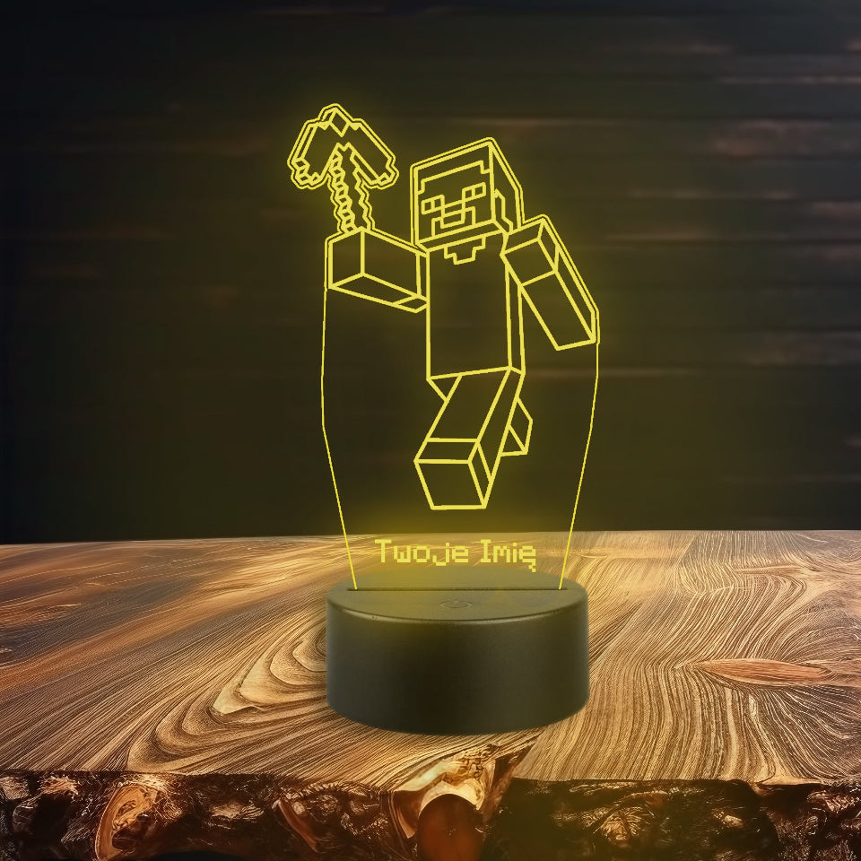 Lampa w formie postaci z Minecrafta, z pilotem umożliwiającym zdalne sterowanie.