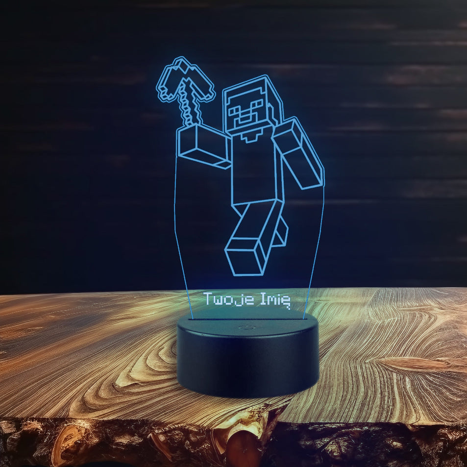 A Minecraft-themed lamp shaped like a character, accompanied by a remote control for easy operation and color adjustments.
