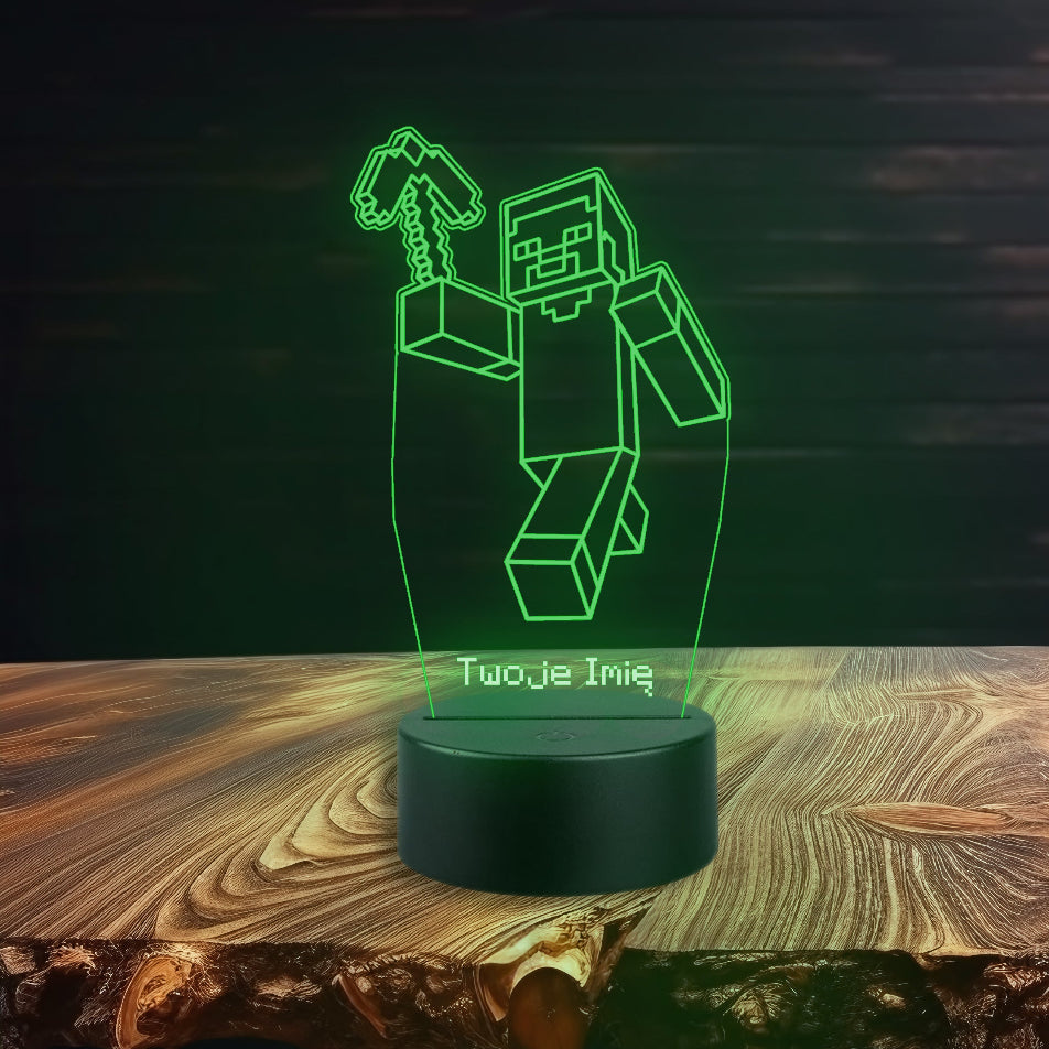A Minecraft character lamp with a remote control, featuring a blocky design and vibrant colors, illuminating a cozy space.