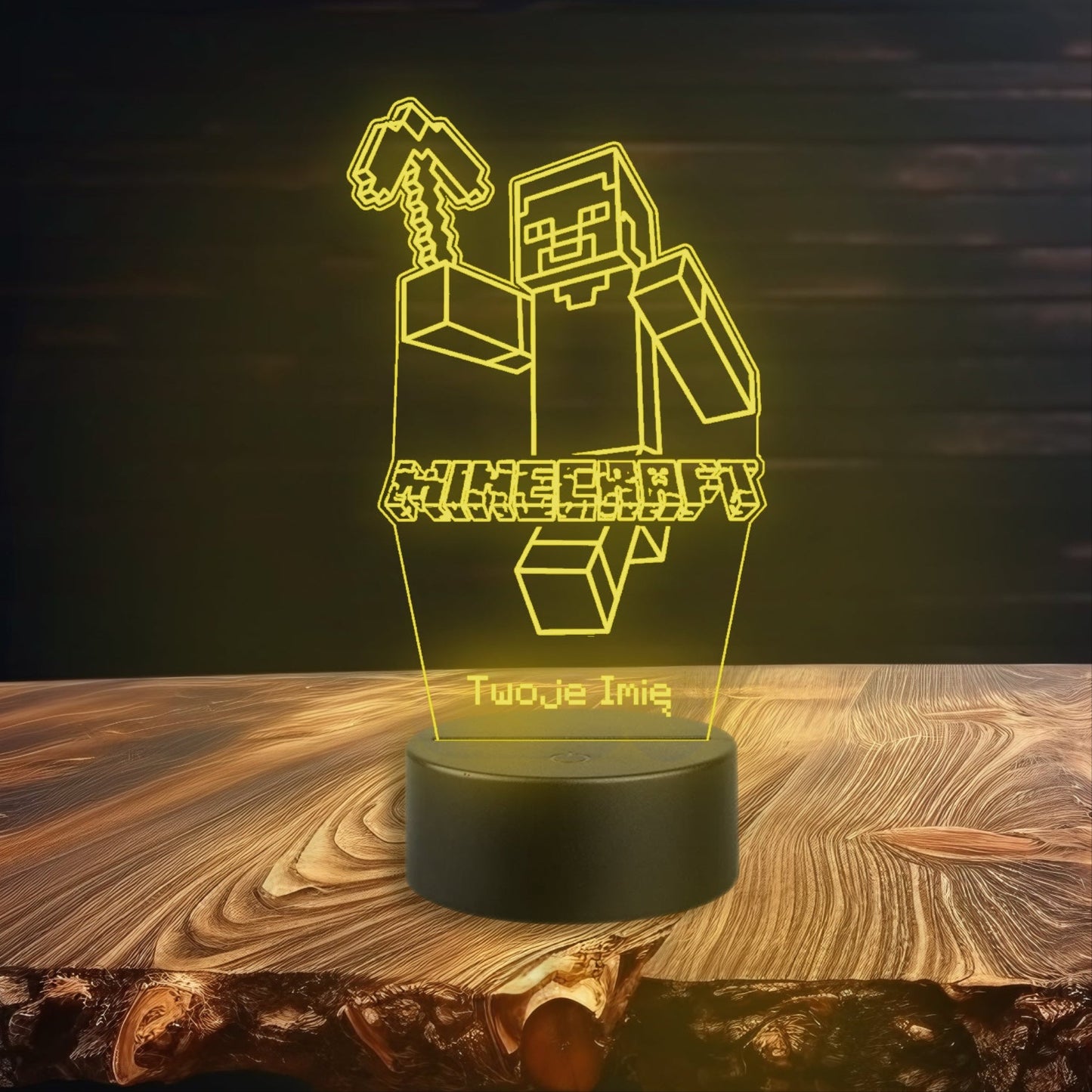 A Minecraft character lamp with a remote control, featuring a blocky design and vibrant colors, illuminating a cozy space.