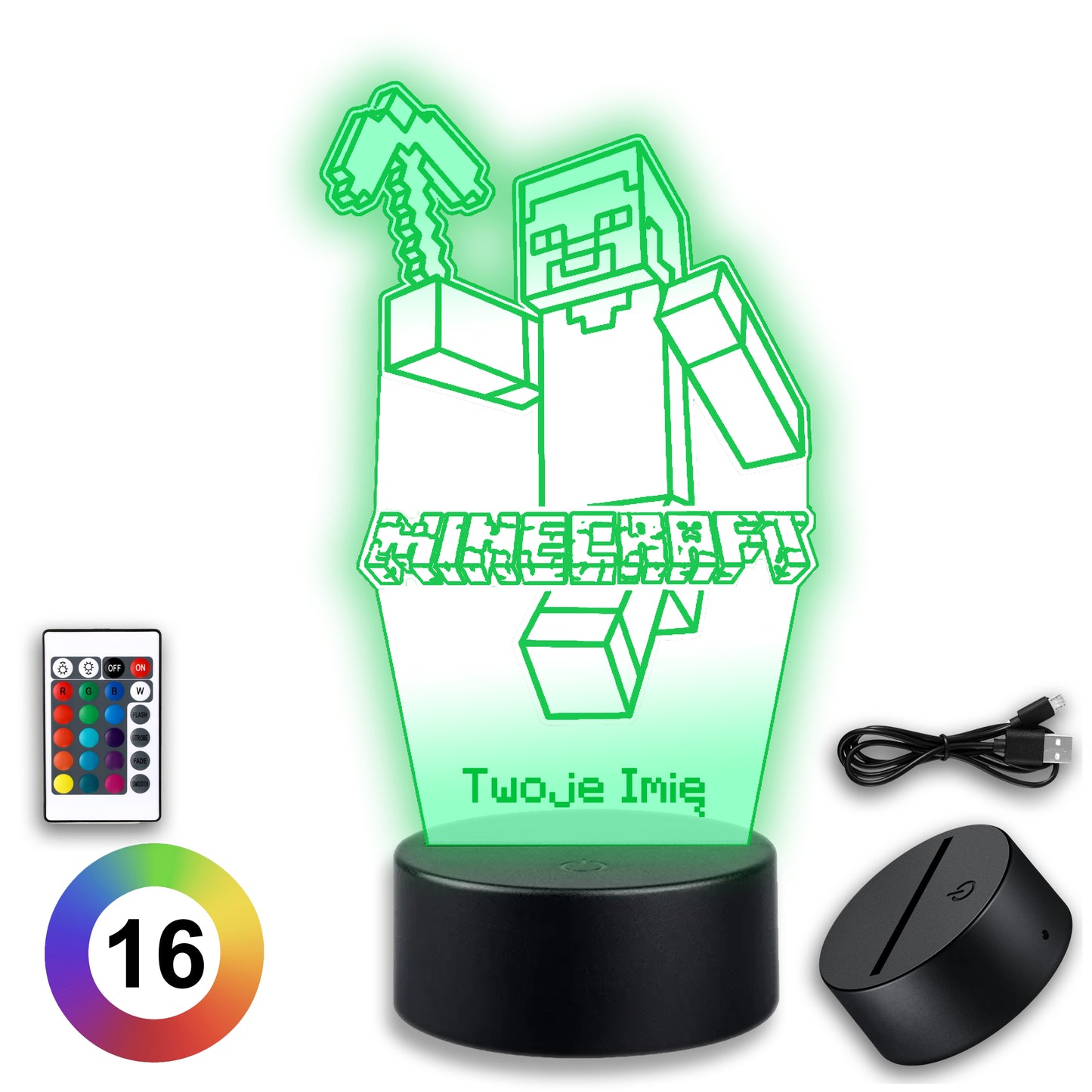 Lampa w kształcie postaci z Minecrafta z dołączonym pilotem do zdalnego sterowania.