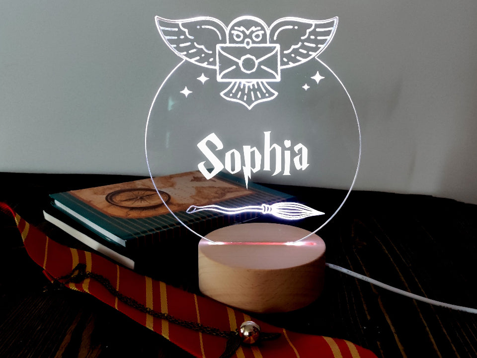 Multicolored LED owl night light with USB or battery power, featuring a controller for adjustable brightness and colors.