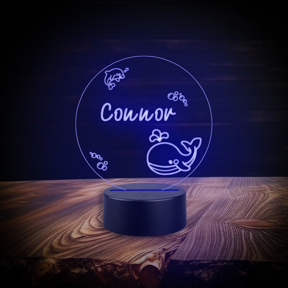 Custom whale-shaped LED night lamp with multicolour lighting, powered by USB or batteries, includes a remote control.