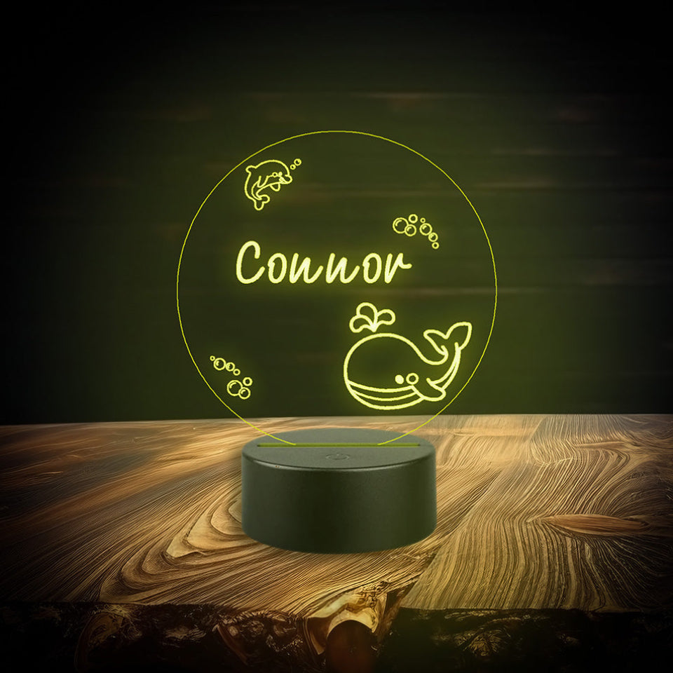 Personalised whale LED night light with multicolour options, USB or battery powered, featuring a remote control for convenience.