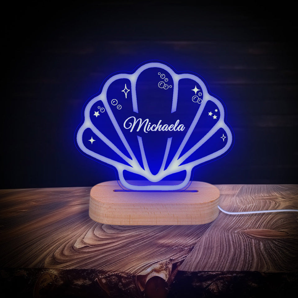 Personalised shell night light with multicolour LED, USB or battery powered, featuring a controller for light settings.