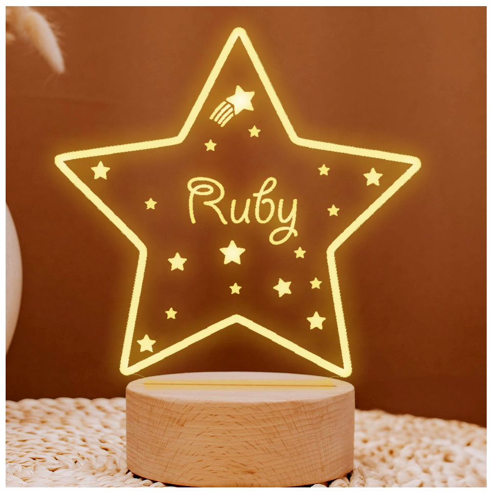 Lampka nocna LED w kształcie gwiazdy z personalizowanym imieniem, z pilotem i opcją zmiany kolorów światła.