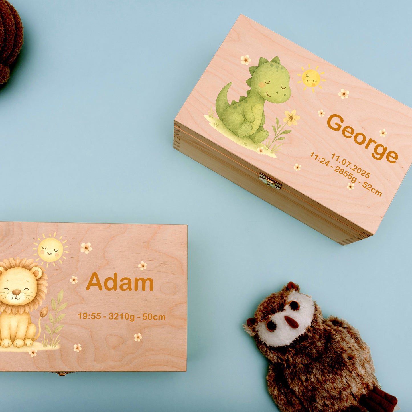 Two wooden nameplates with animal illustrations and names on a light blue background.