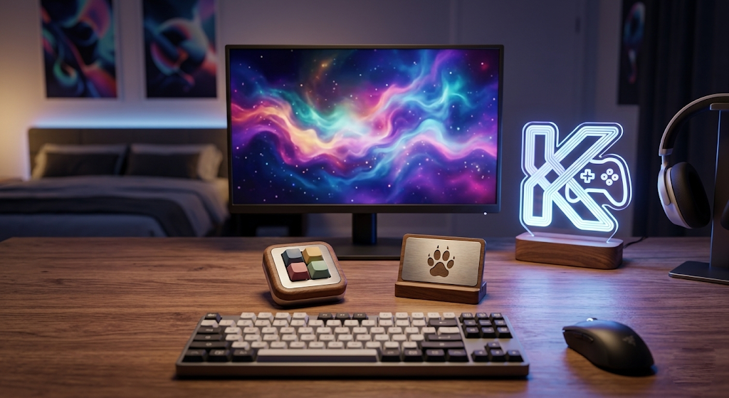 Personalizowana lampka LED dla gracza z wygrawerowanym nickiem oraz antystresowy Keyboard Clicker na biurku komputerowym.