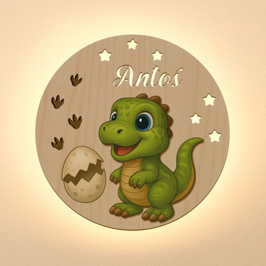 Wooden plaque with a cartoon dinosaur and the name 'Antos' on a beige background