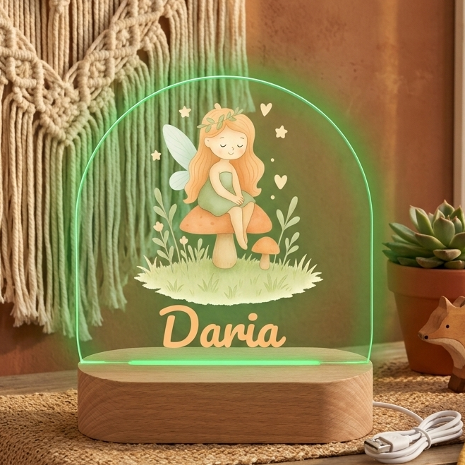 Decorative lamp with a fairy design and 'Daria' text on a wooden surface.