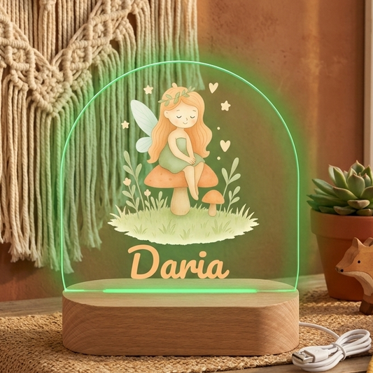 Decorative lamp with a fairy design and 'Daria' text on a wooden surface.