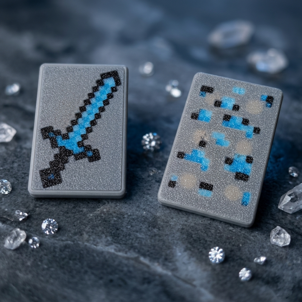 Two pixelated cards with sword and cloud designs on a dark surface with small crystals.