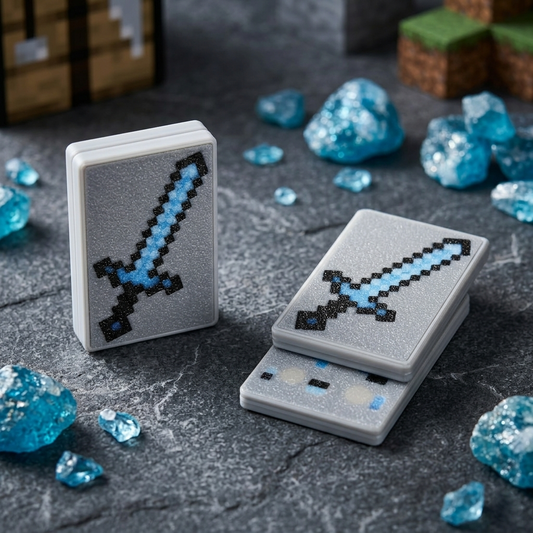 Pixelated sword designs on small rectangular cards with blue crystals on a dark surface.