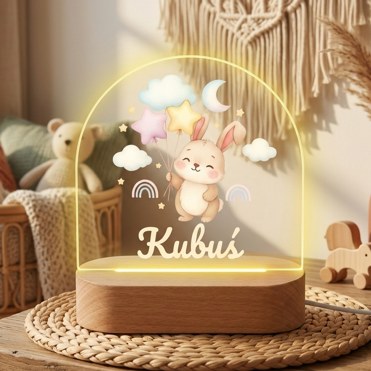 Decorative night light with cartoon character on a wooden table, surrounded by toys and plants.