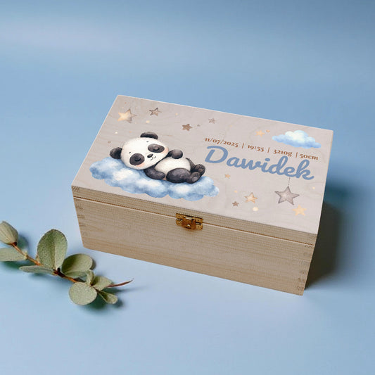 Wooden box with panda design and text on a blue background