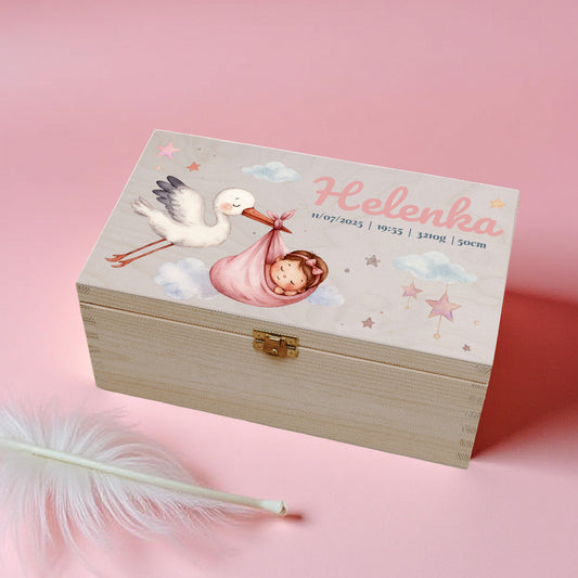 Wooden box with baby illustration and 'Helenka' text on a pink background