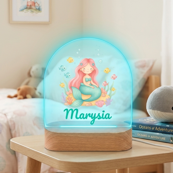 Mermaid-themed night light on a table in a child's bedroom