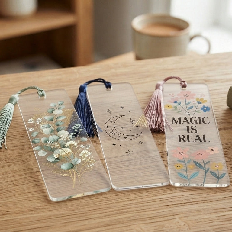 Three clear acrylic bookmarks with tassels are arranged on a wooden table. One bookmark has dried flowers, one has a moon and stars design, and one says 'MAGIC IS REAL' with small floral illustrations.