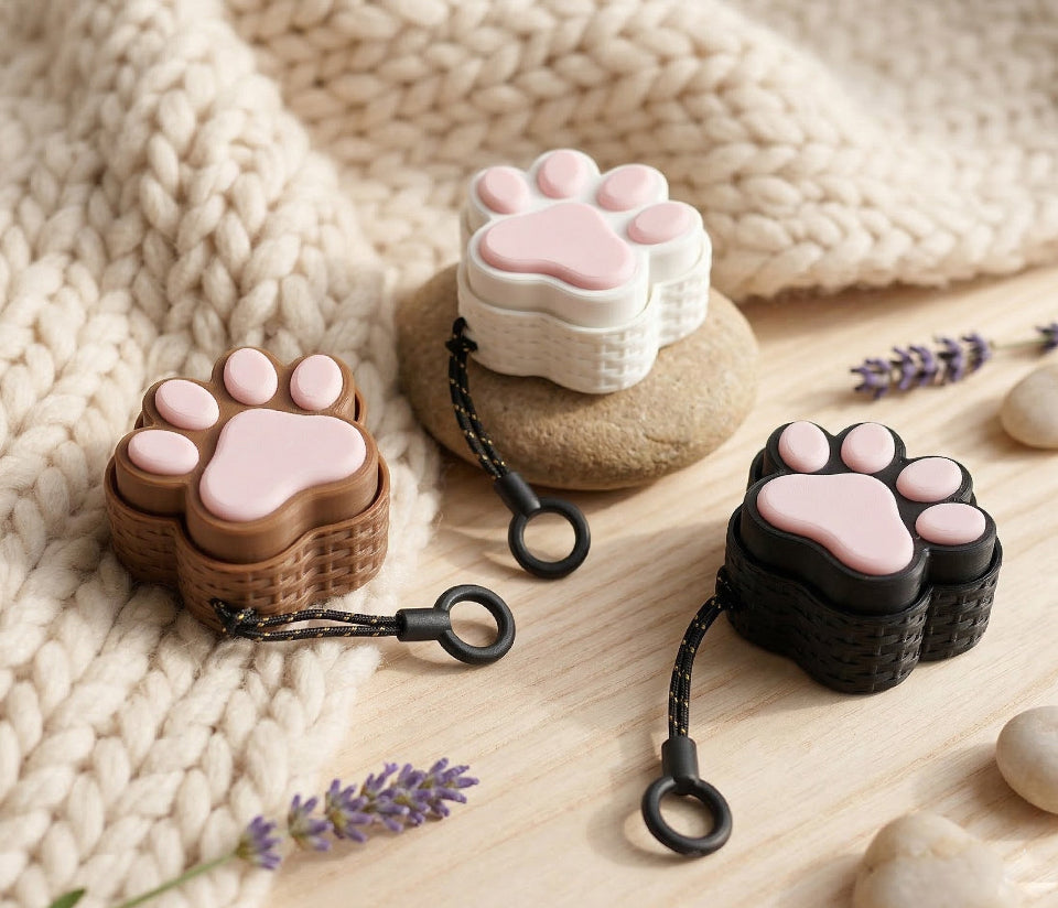 Paw-shaped airpod cases on a textured surface with lavender flowers