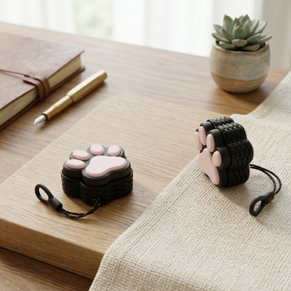 Two black paw-shaped hand exercisers on a wooden surface with a book and plant in the background.