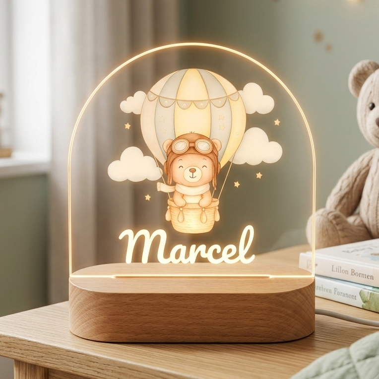 Decorative lamp with teddy bear design and 'Marcel' text on a wooden surface.