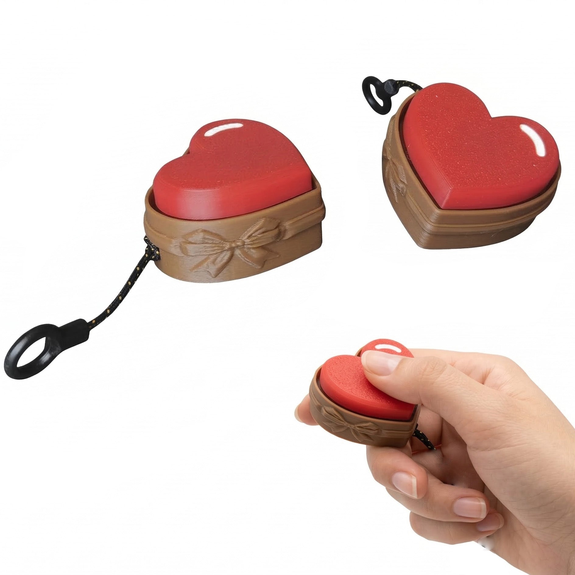 Heart-shaped red and brown case with a hand holding one of them on a white background