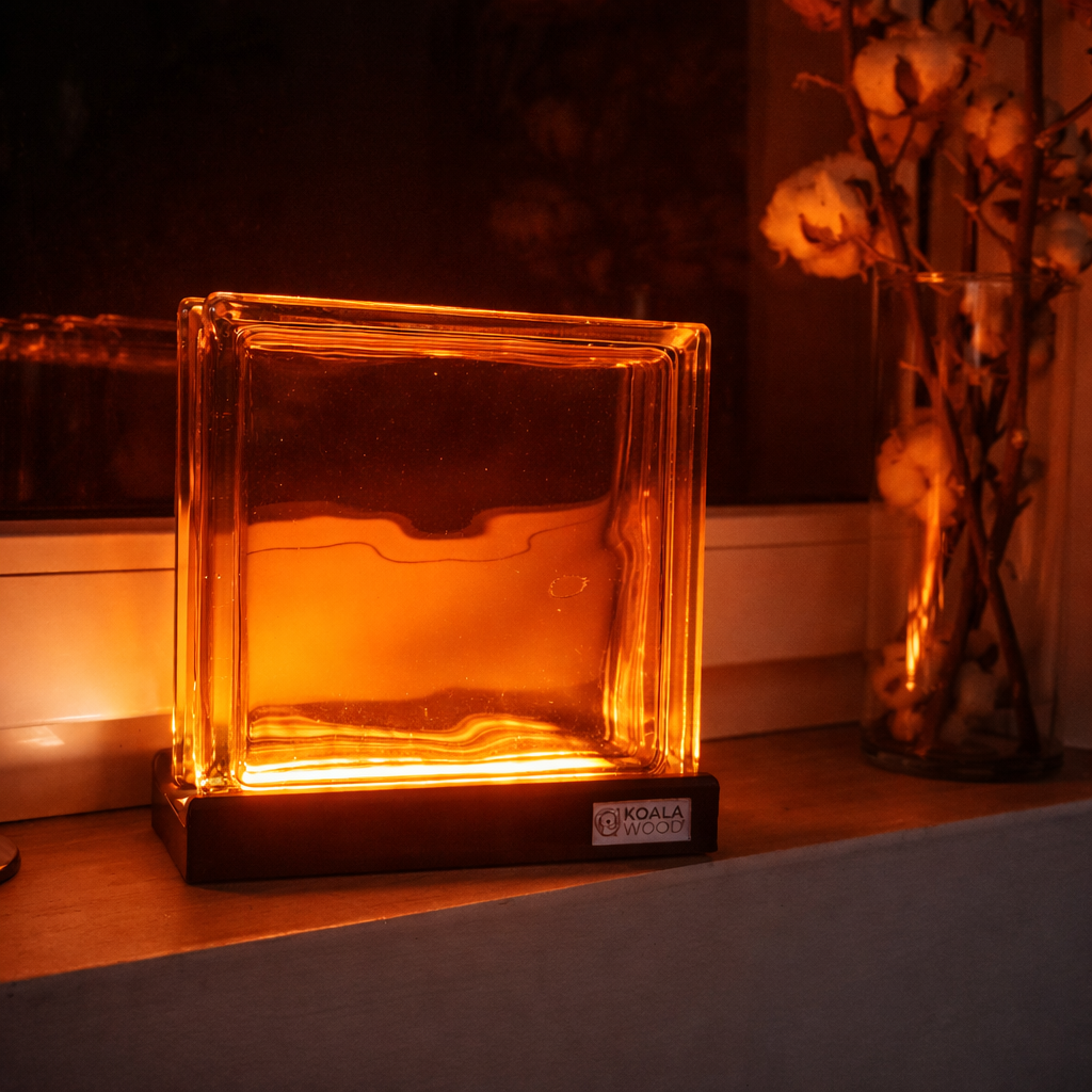Glass block light on a surface with a blurred background
