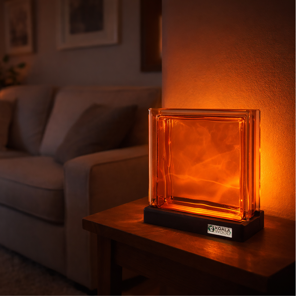 Glass block on a table in a dimly lit living room with a couch and lamp in the background.
